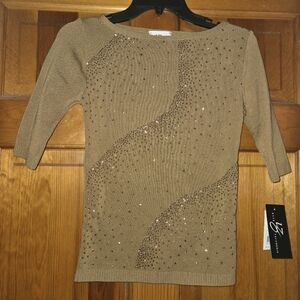 Vintage Y2K IZ Byer Glitter Tan Sweater Short Sleeves NWT Size Large